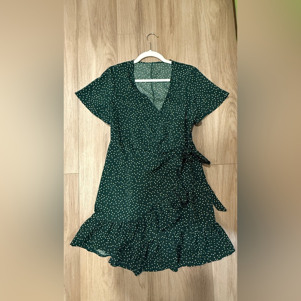 Dark green polka dot wrap dress